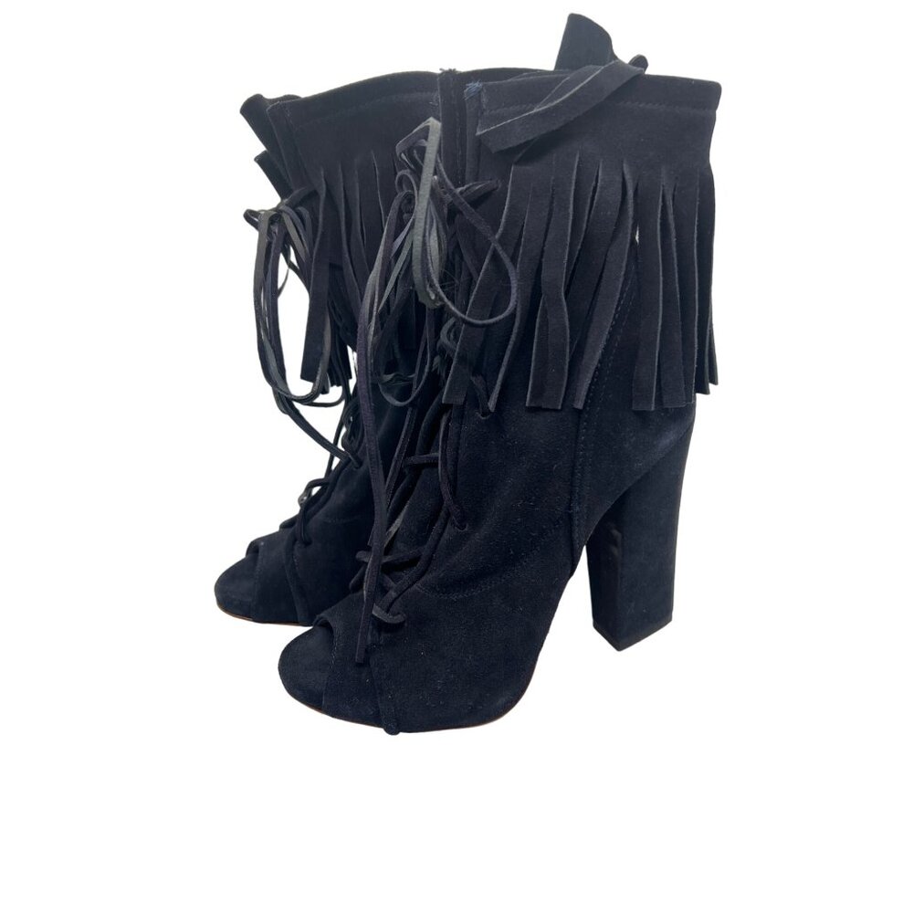Guiseppe Zanotti Black Suede Lace Up Fringe Booties Boots 4.5" Heel Size 36 US 6